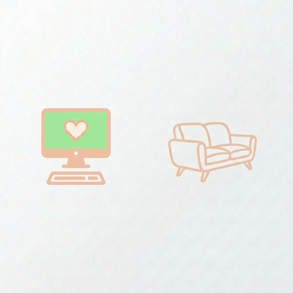 Icon of a desktop computer with keyboard and icon of an office chair