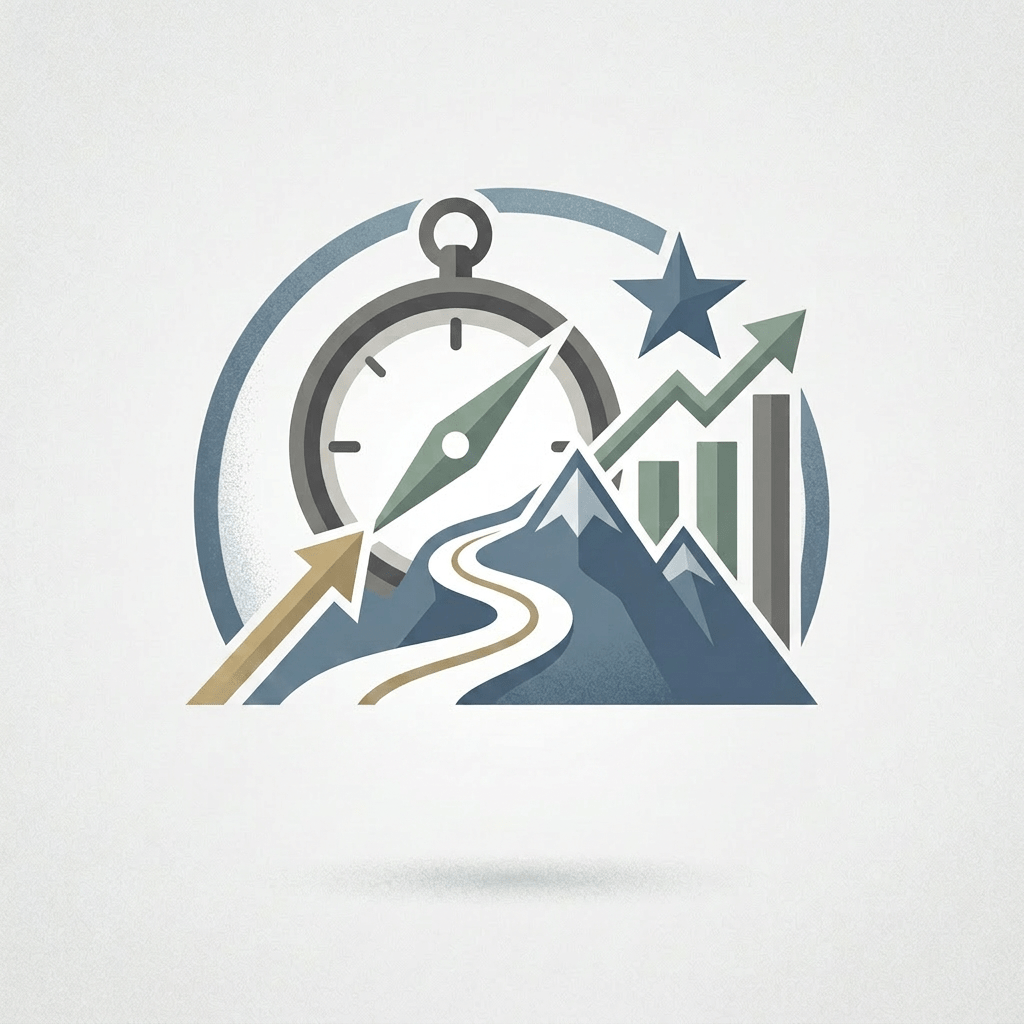 Compass, mountain, upward arrows, star, and bar chart representing career coaching